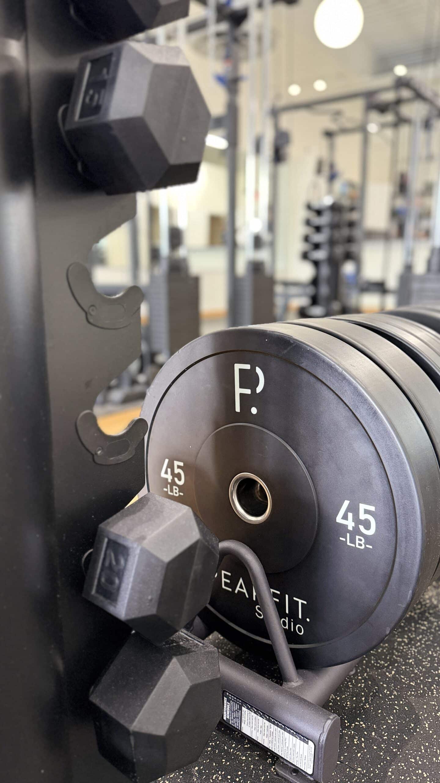 Black 45-lb bumper plates and hex dumbbells on rack at PeakFit Studio in Asheville NC.
