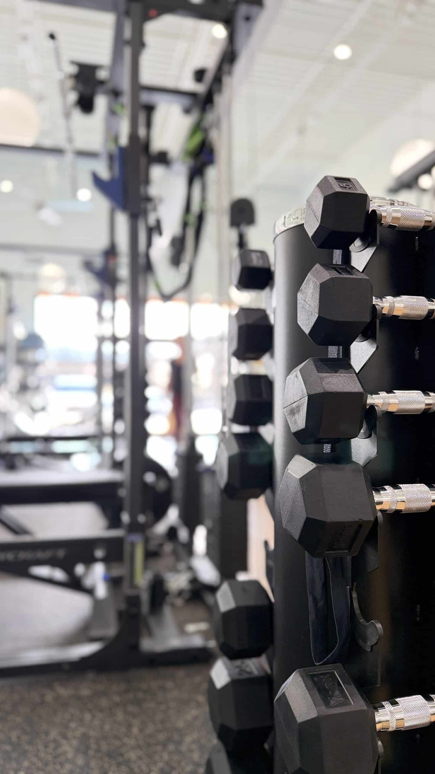 Black hex dumbbells stacked on a rack inside a modern personal training studio in Asheville NC.