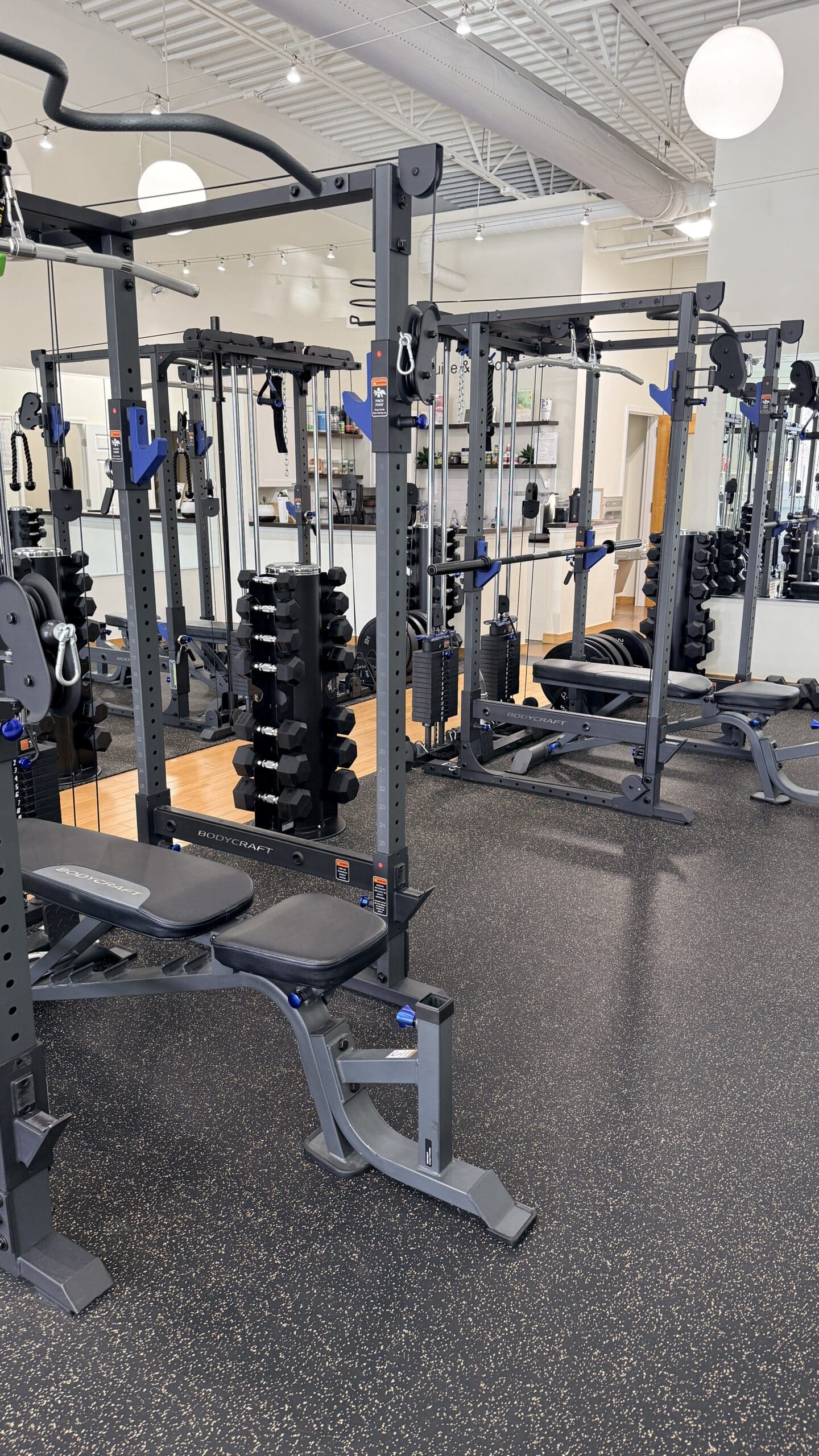 Clean BodyCraft power racks with cable systems, adjustable bench, and dumbbell rack in bright Asheville personal training studio.